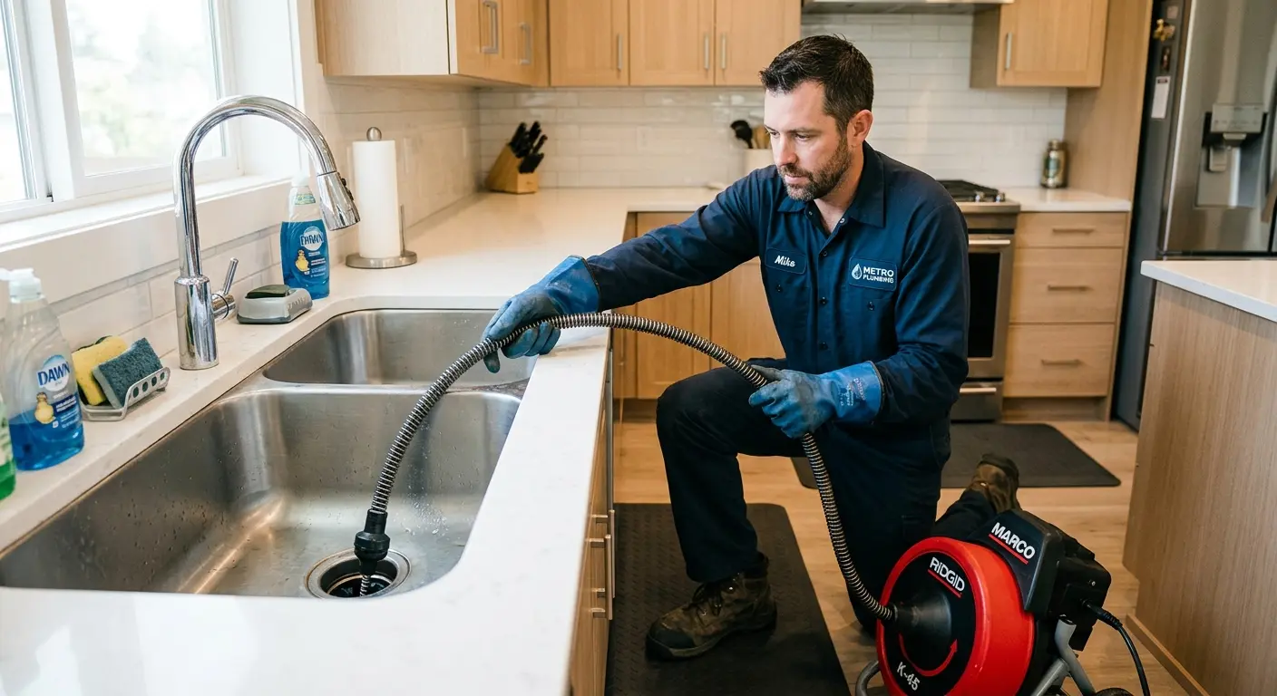 Drain cleaning technician using a motorized snake on a kitchen sink in The Pinery