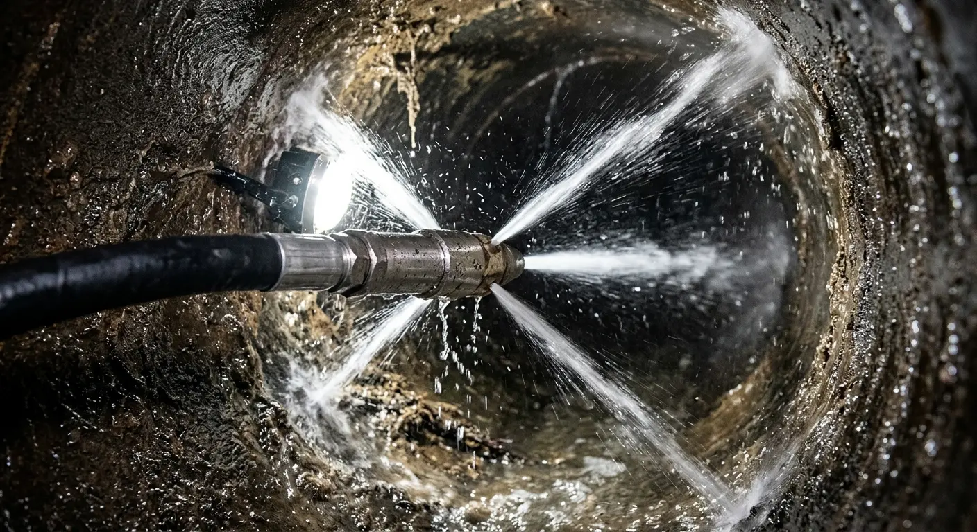High-pressure hydro jetting nozzle cleaning sewer pipe for Storm Drain Cleaning in The Pinery