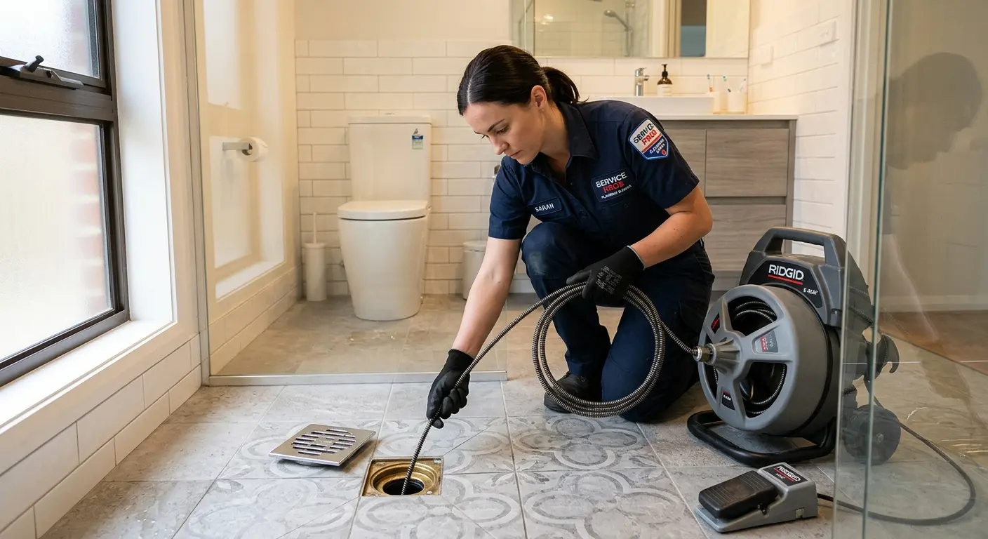 Technician clearing a bathroom floor drain for Sewer Line Installation in The Pinery